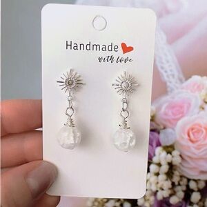 Sterling silver plated sun cubic zirconia earrings, crystal quartz dangles